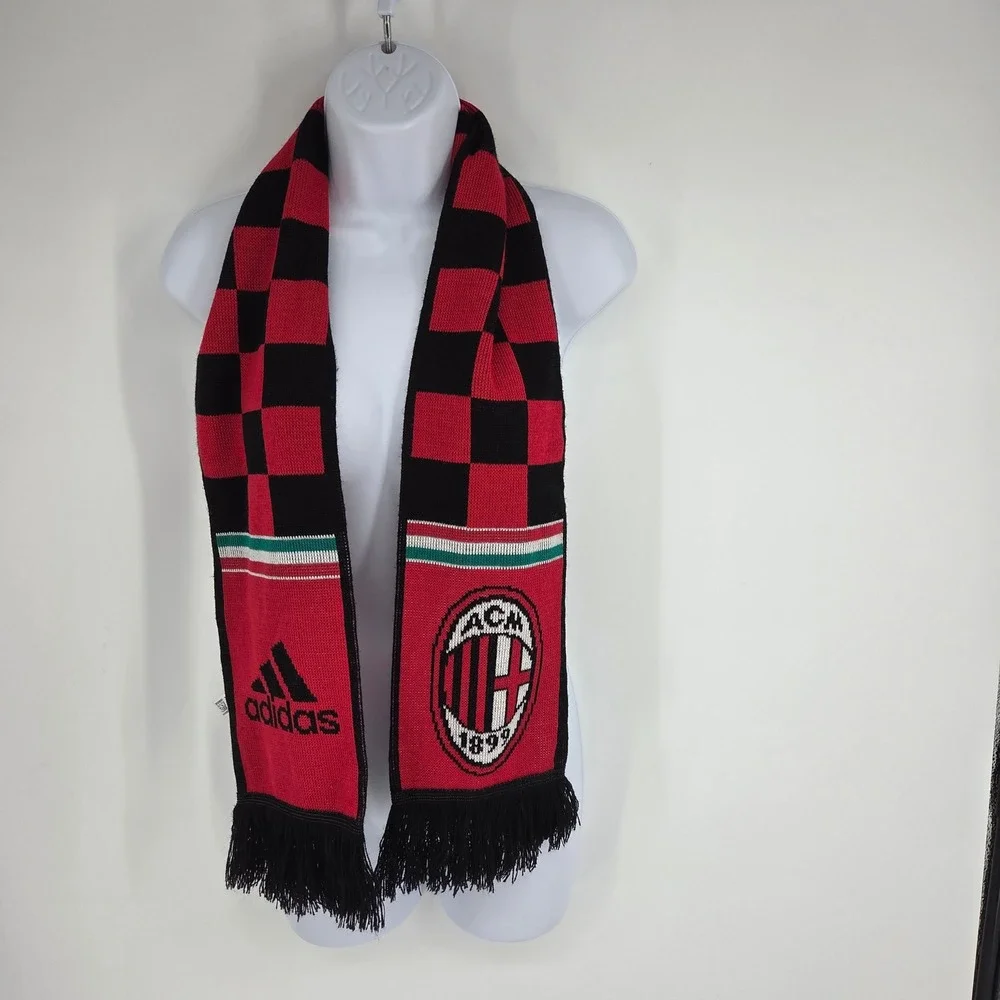 Adidas AC Milan Soccer Scarf Red Black Checkered Striped W38585 AZ4001